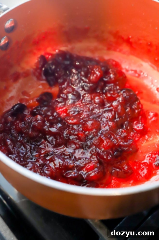 Picture of cranberry orange relish, thickened and vibrant, in a saucepan after cooking.