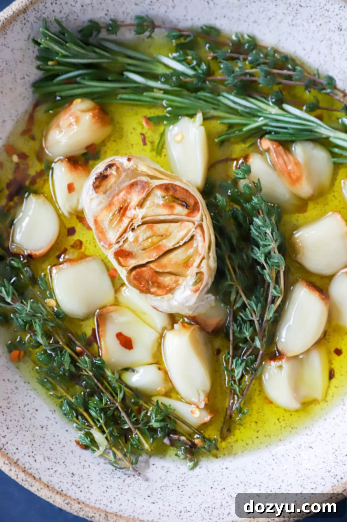 Overhead image of roasted garlic in a bowl, ready to be used.