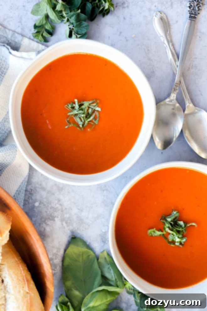 Easy Instant Pot Tomato Soup 2 Image of bowls of instant pot tomato soup