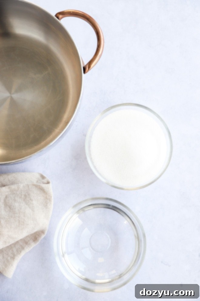 Photo of saucepan, sugar in a bowl, and water in a bowl