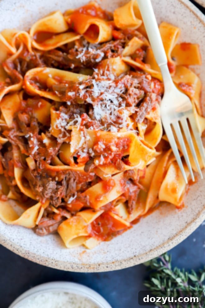 Close-up of shredded short ribs in the ragu sauce, tossed with pasta