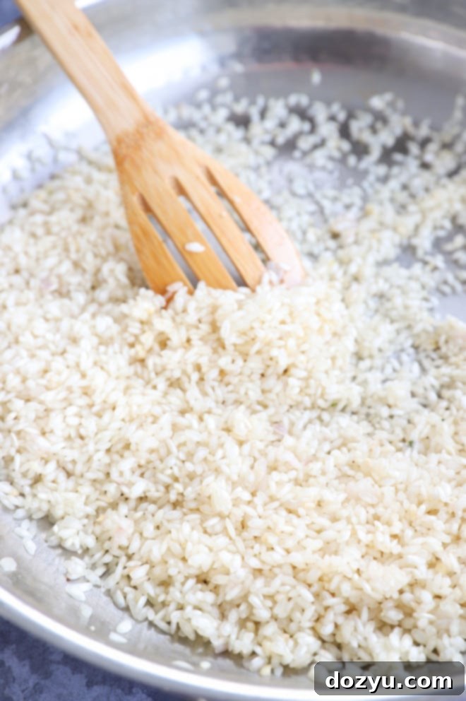 Arborio rice simmering in a skillet with broth, being stirred to achieve a creamy risotto.