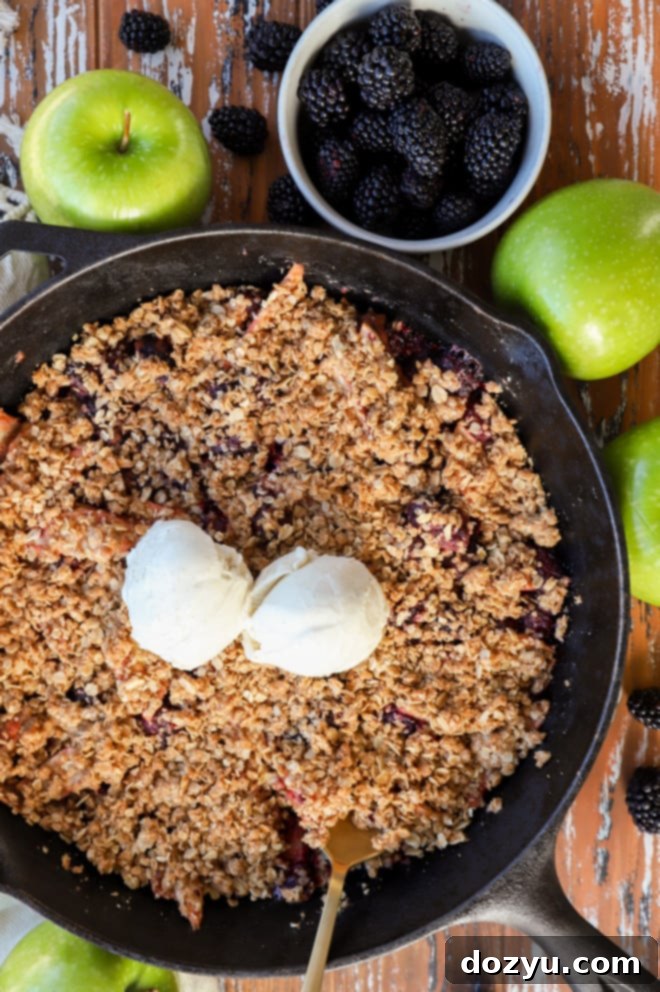 Overhead image of a beautifully baked apple blackberry crumble with melting vanilla ice cream in a cast iron skillet