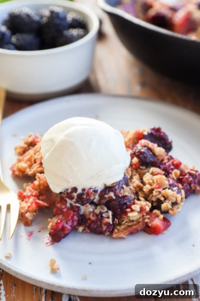 Image of a single serving of berry dessert on a white plate with a scoop of ice cream and a spoon