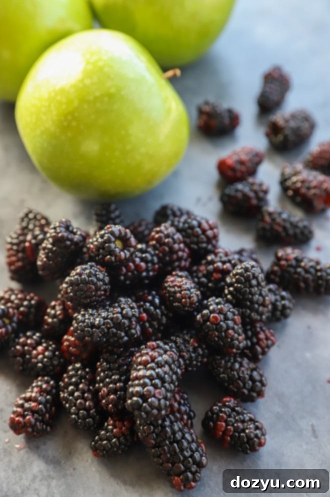 Close-up photo of fresh red apples and dark, ripe blackberries in separate bowls