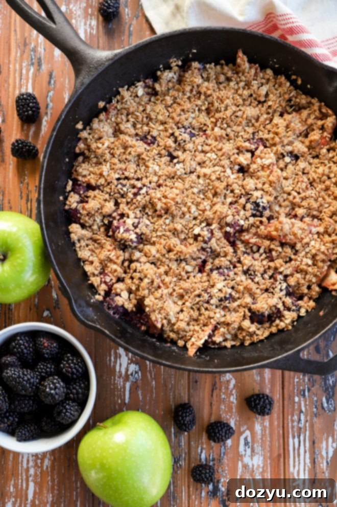 Image of a baked fruit dessert, Apple Blackberry Crumble, bubbling hot in a cast iron skillet, fresh from the oven