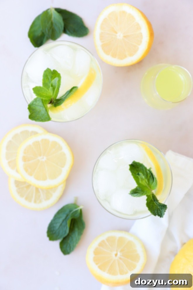 Overhead view of two Limoncello Spritz cocktails, vibrant yellow with lemon slices and mint sprigs in elegant glasses.