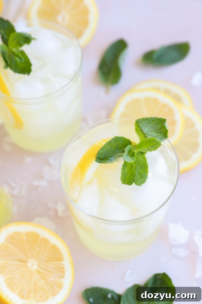 Two chilled summer lemon cocktails in elegant glasses, garnished with mint, sitting on a wooden surface.