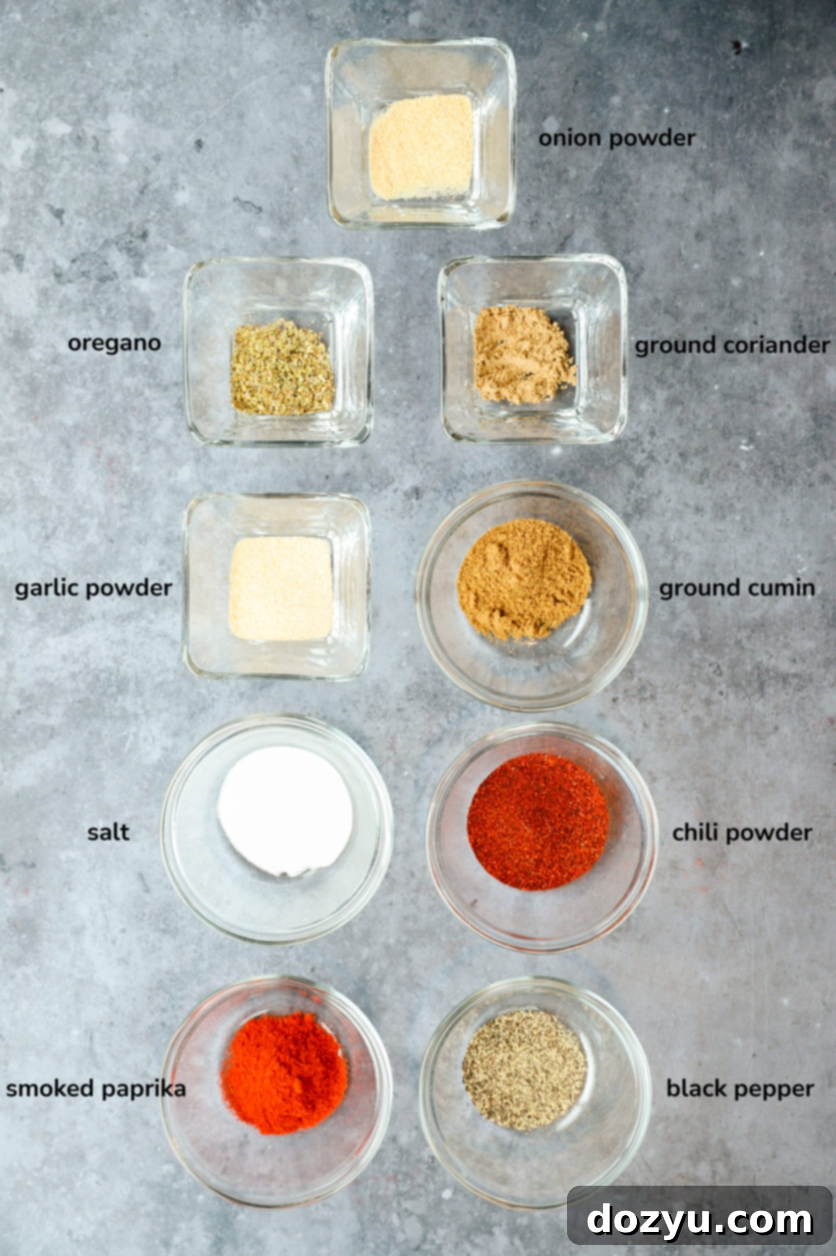 The Ultimate Chicken Taco Spice Mix 4 Chicken taco seasoning mix ingredients laid out for photo