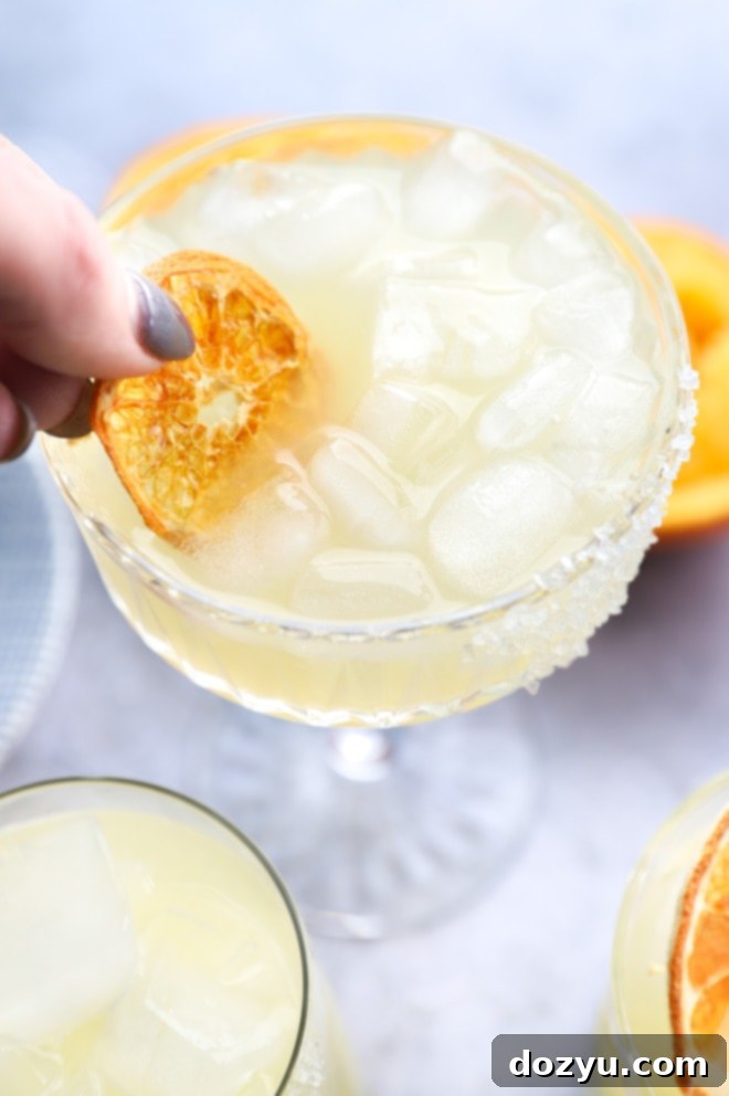 A single Texas Margarita garnished with a dehydrated orange slice, highlighting its refreshing appeal.