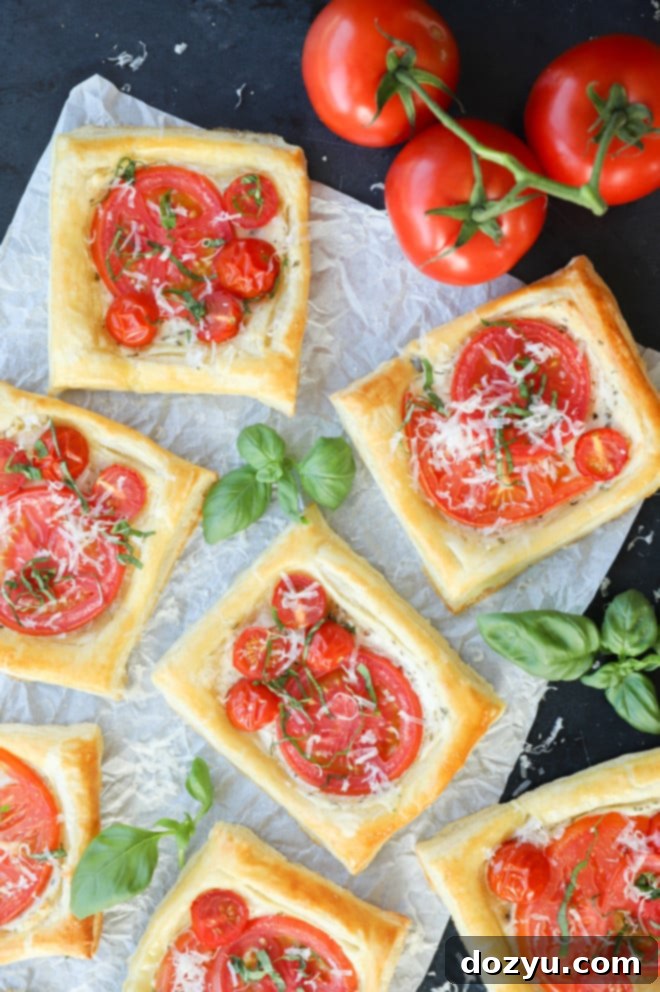 Tomato Tart for appetizer image with basil and fresh tomatoes