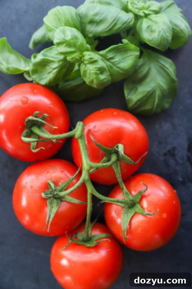 Tomatoes and basil on a table image