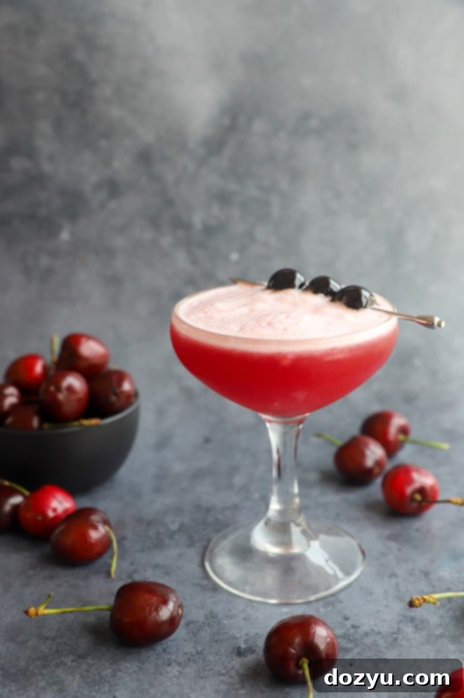 Velvet Cherry Vodka Sour 8 Cherry vodka sour cocktail in coupe glass
