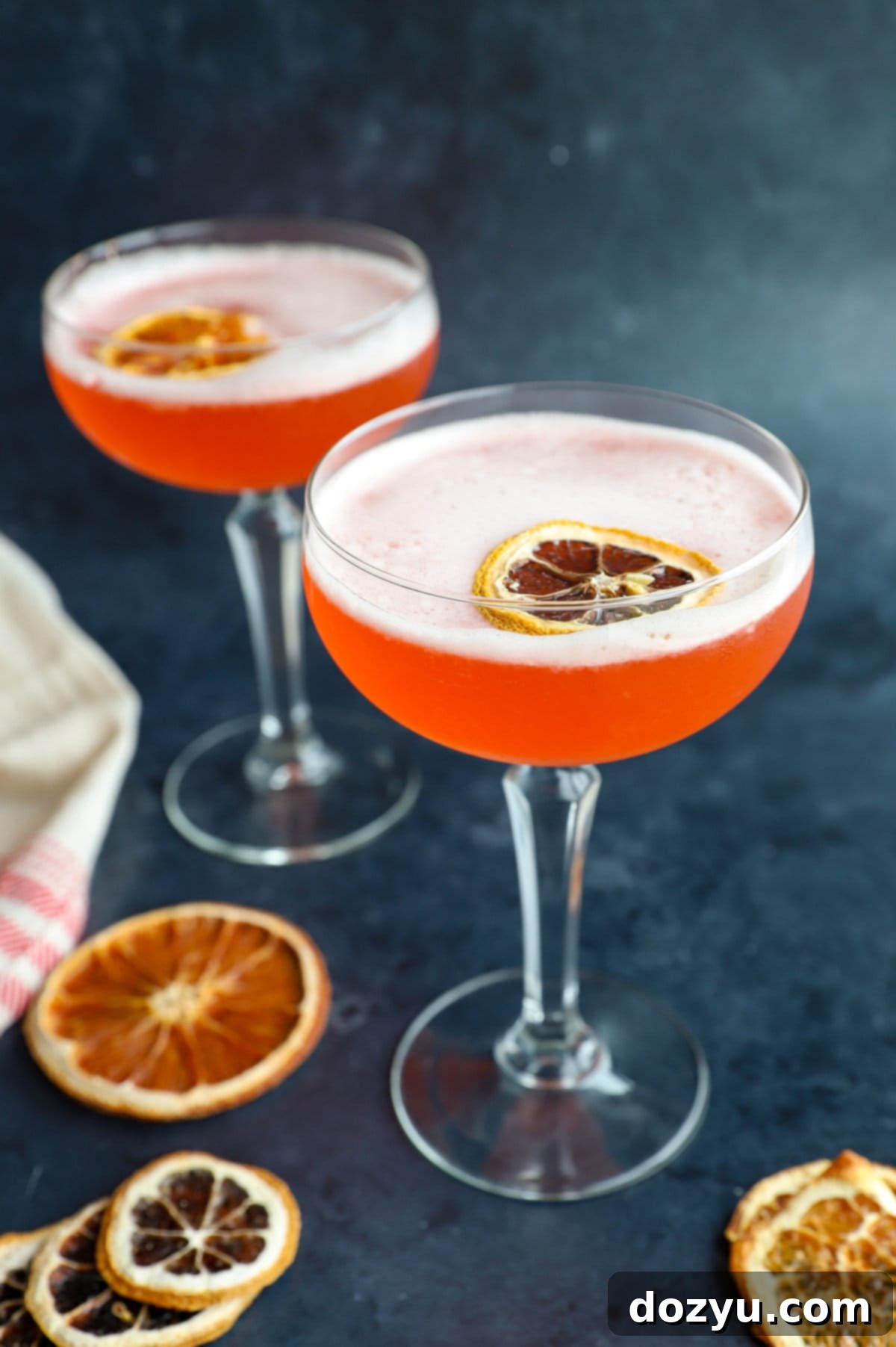 Aperol Sour cocktail in a coupe glass with a dehydrated orange wheel