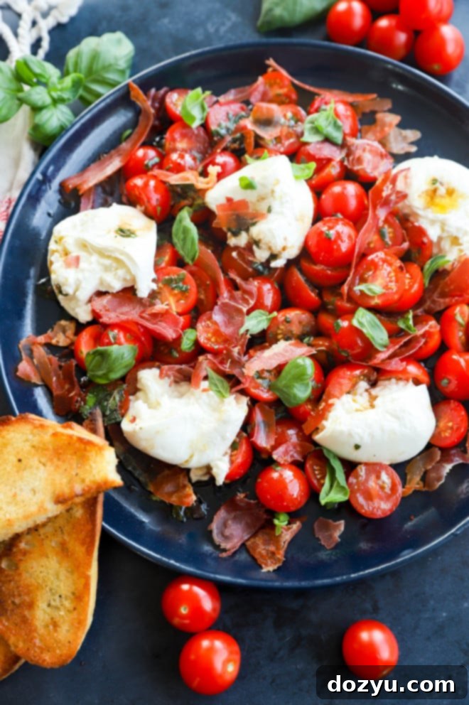 Overhead image of burrata caprese salad