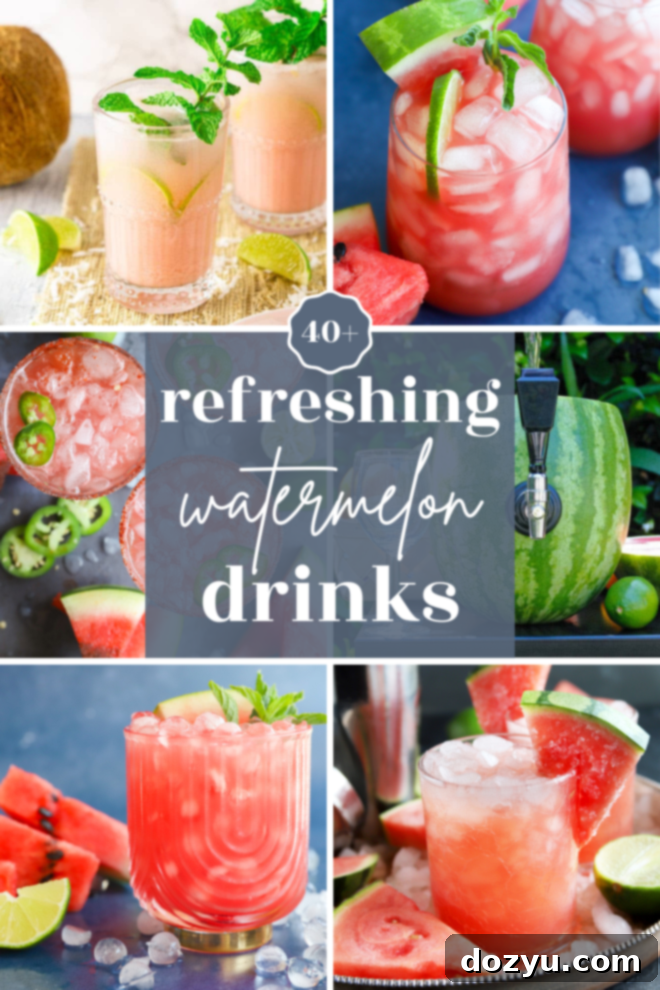 A vibrant collage showcasing various watermelon cocktails, mocktails, and smoothies, perfect for summer refreshment.