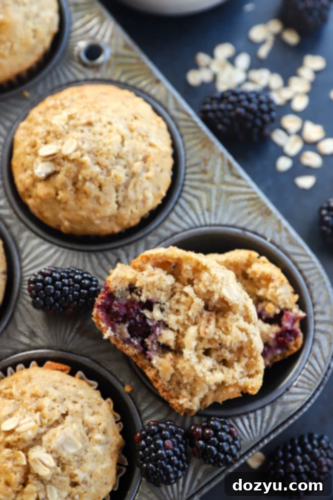 Half of a Honey Blackberry Oatmeal Muffin in a muffin tin, surrounded by fresh berries and oats, showcasing its fluffy texture and berry pops.