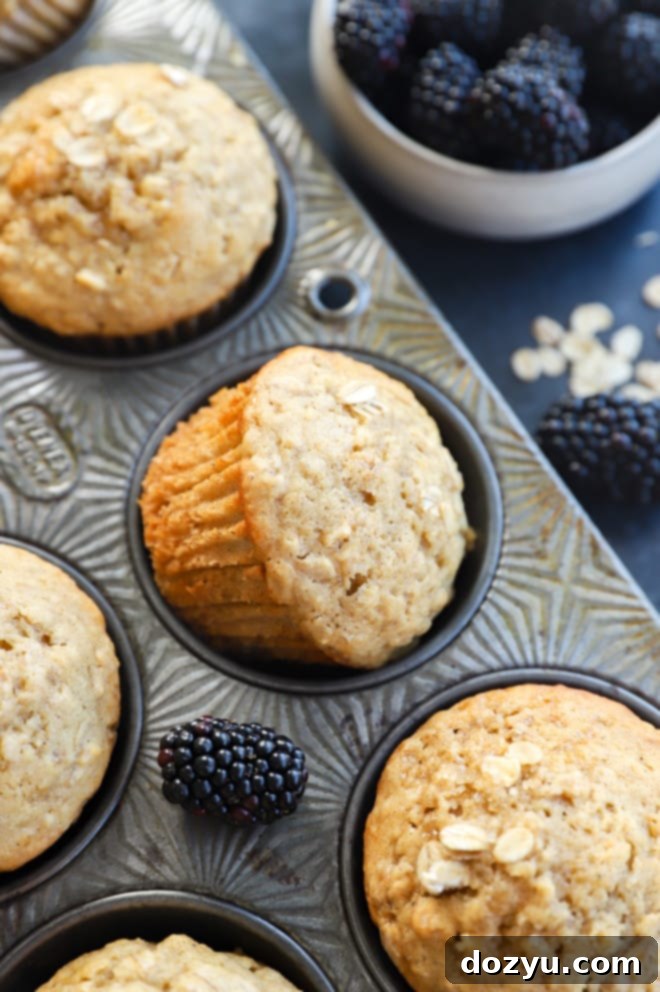 Freshly baked Honey Blackberry Oatmeal Muffins cooling in their baking pan, their golden tops visible, ready to be enjoyed.