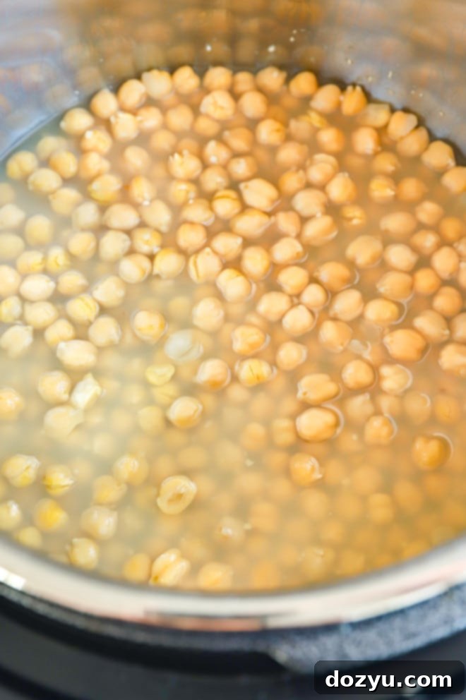 Chickpeas and garlic in an Instant Pot ready to be cooked for homemade hummus