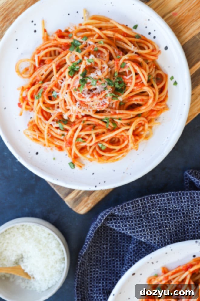 A delightful plate of spaghetti featuring a rich tomato sauce, garnished with fresh basil leaves and a generous sprinkle of parmesan cheese.