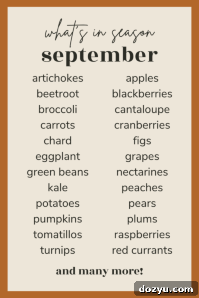 Infographic list of what's in season in September, fruits and vegetables