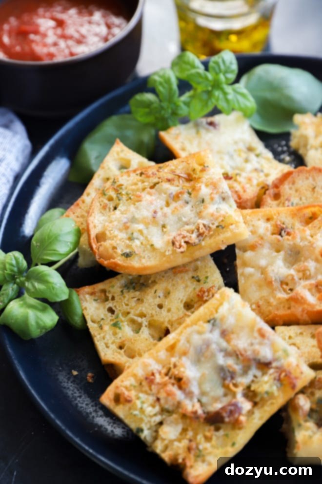 Close-up image of toasted air fryer garlic bread, showcasing its golden crust and delicious texture.