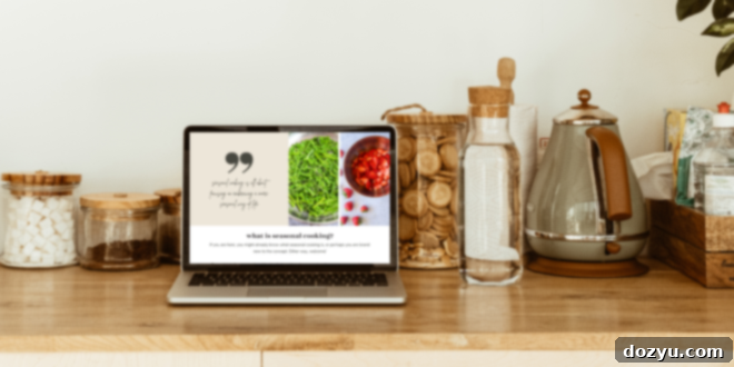 seasonal cookbook on laptop on kitchen counter, showing a recipe page