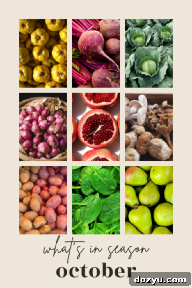 october produce guide graphic, showing various seasonal fruits and vegetables