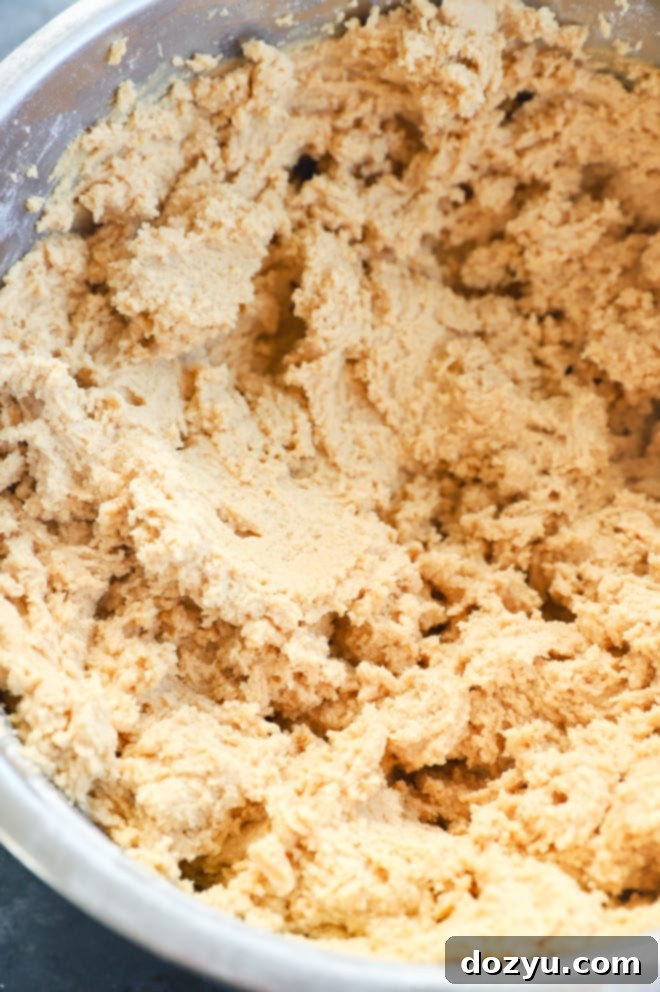 Irresistibly Chewy Peanut Butter Cookies 5 Close-up of creamy peanut butter cookie dough in a stand mixer bowl, ready for chilling.
