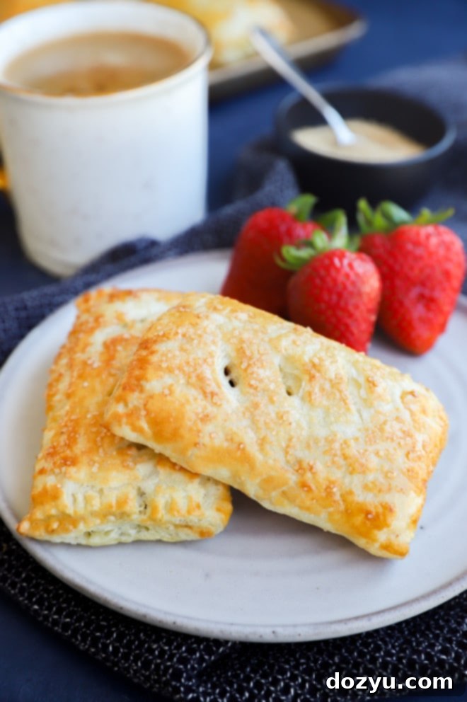 A beautiful breakfast scene featuring Nutella puff pastry pies on a plate, fresh fruit, and a cup of coffee.