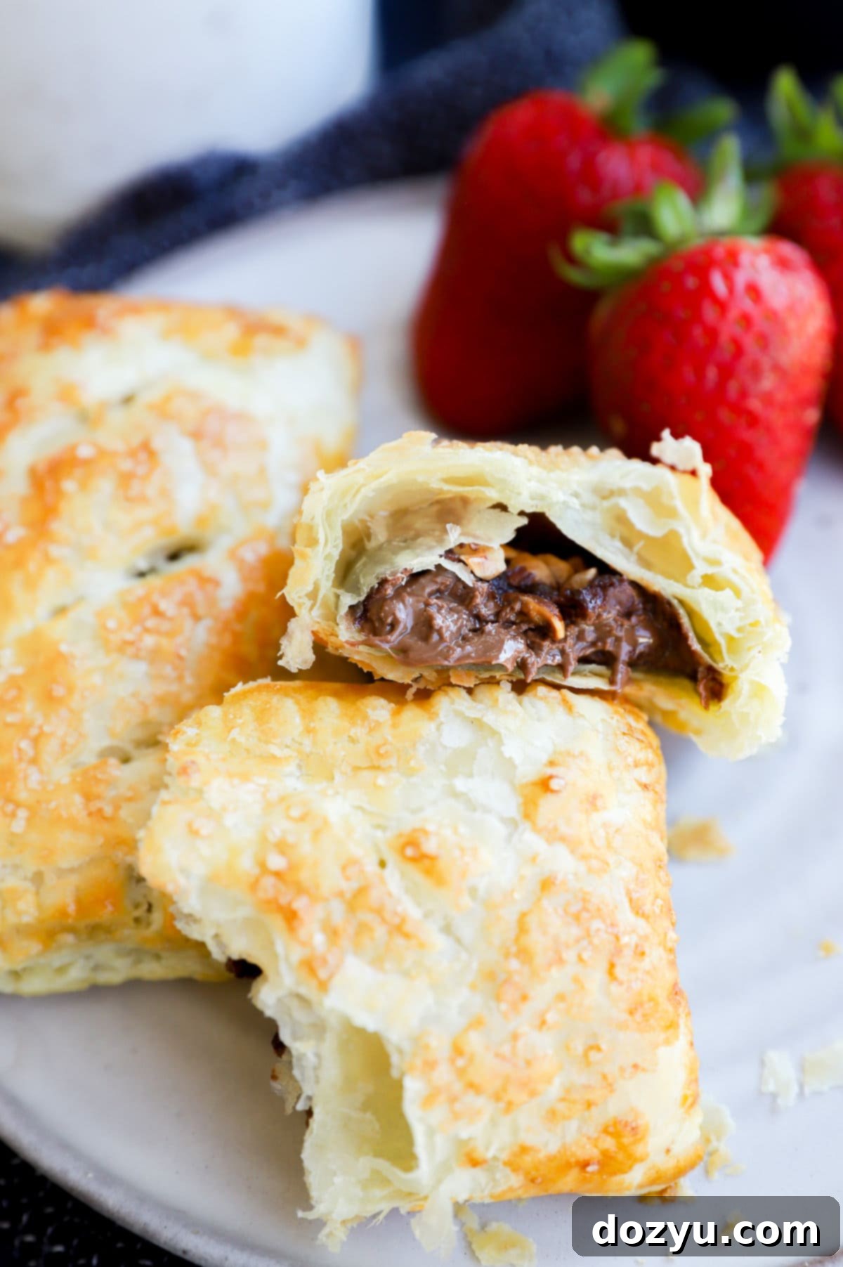 Nutella puff pastry pie cut in half with nuts on plate with strawberries