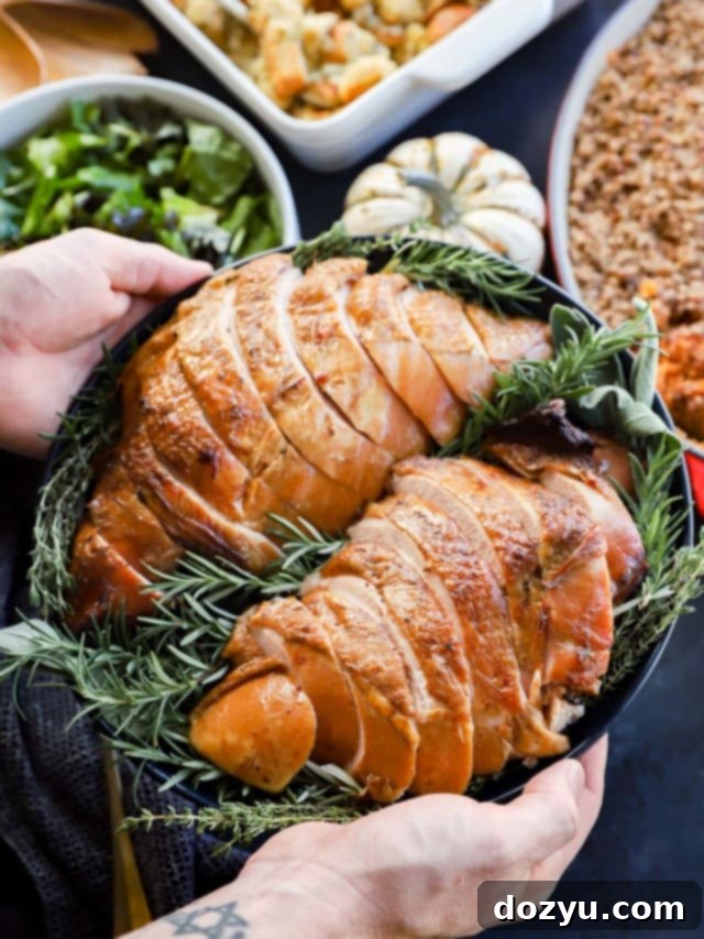 Signature Smoked Turkey Breast 8 hands holding dish for thanksgiving over side dishes