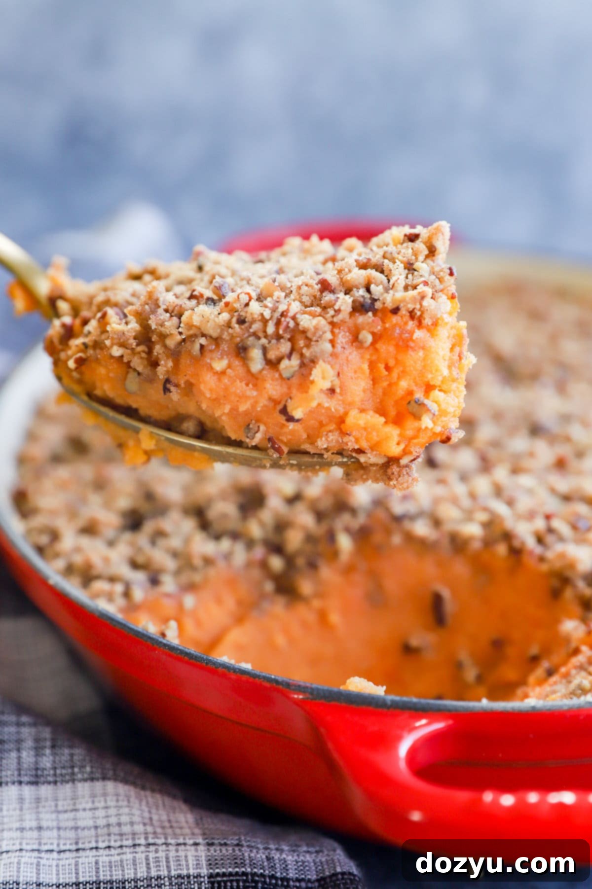 sweet potato souffle on a spoon