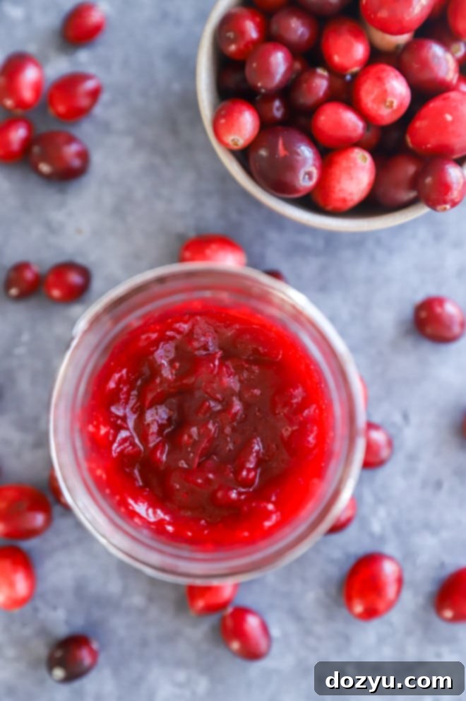 Homemade cranberry jam in a mason jar with a bowl of fresh, bright red cranberries beside it