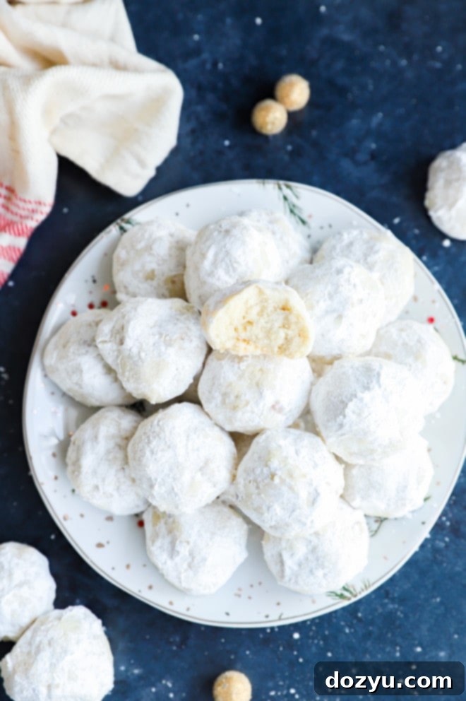 A single Mexican wedding cookie with a bite taken out, emphasizing its crumbly texture