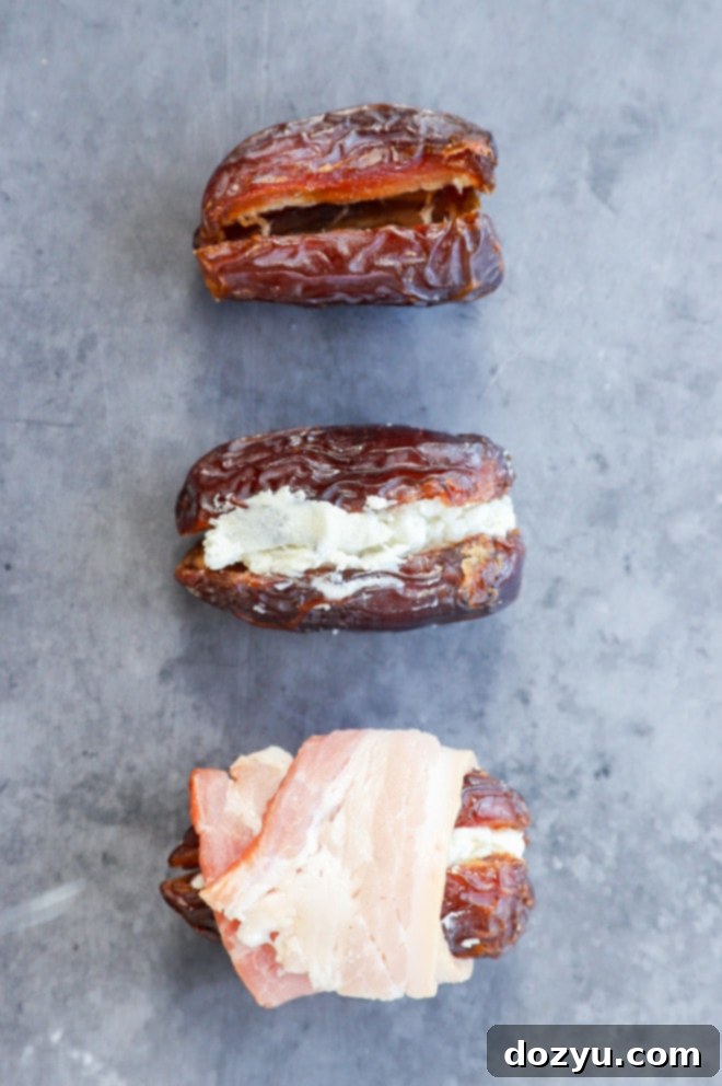 preparing bacon wrapped dates stuffed with goat cheese and fresh herbs