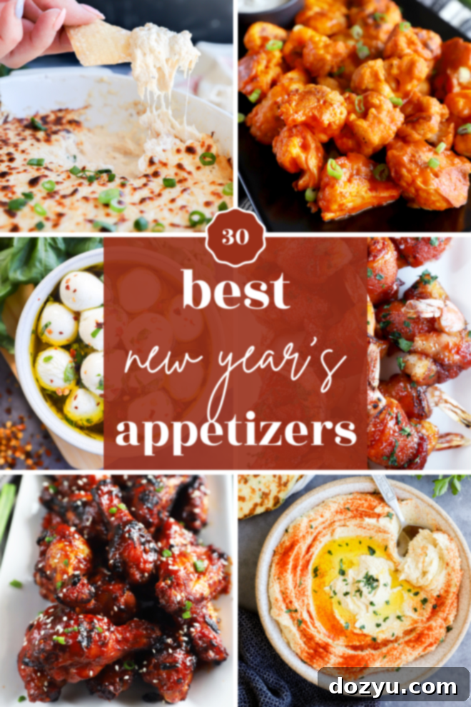 A festive spread of diverse New Year's Eve appetizers, including bacon-wrapped dates, crispy wontons, and colorful dips, beautifully arranged for a party.