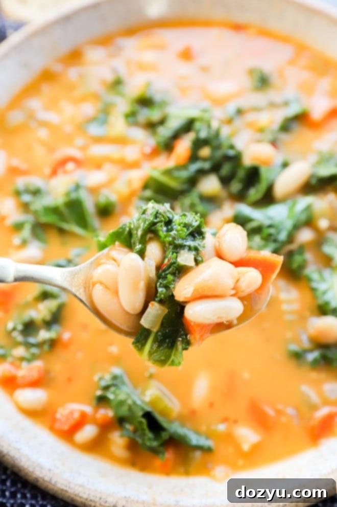 Tuscan Cannellini Bean Soup 3 Spoonful of hearty Tuscan white bean soup with vibrant kale