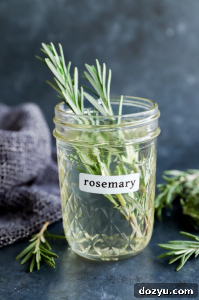 Aromatic Rosemary Nectar 7 Rosemary simple syrup in a mason jar garnished with fresh rosemary