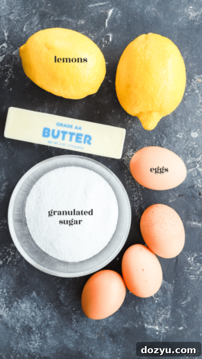 Effortless Zesty Lemon Curd 4 A graphic listing all the essential ingredients for lemon curd: egg yolks, granulated sugar, fresh lemons for zest and juice, salt, and unsalted butter.