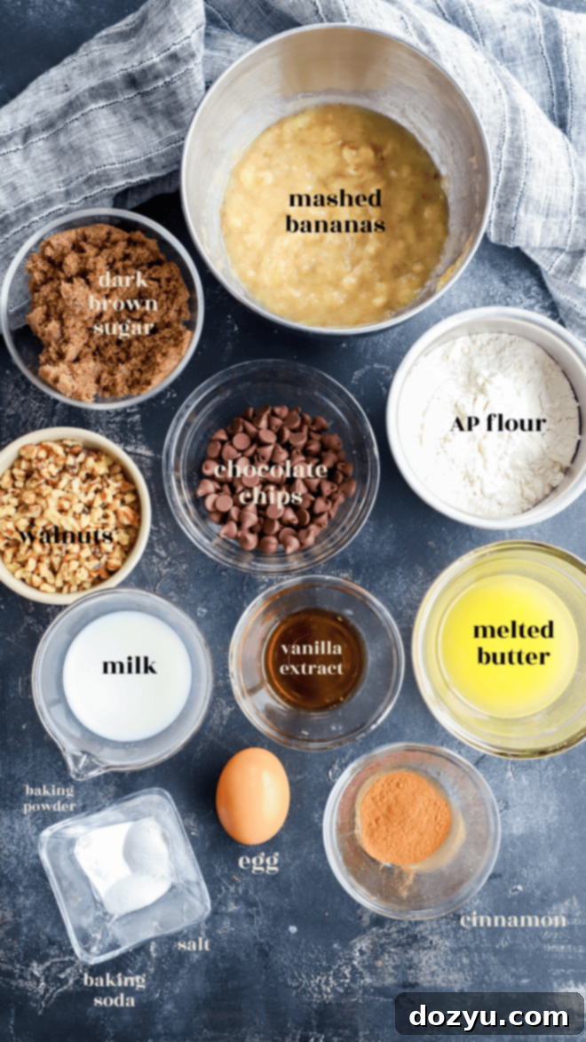 Various banana bread muffin ingredients laid out with text labels including flour, bananas, butter, sugar, eggs, and cinnamon.