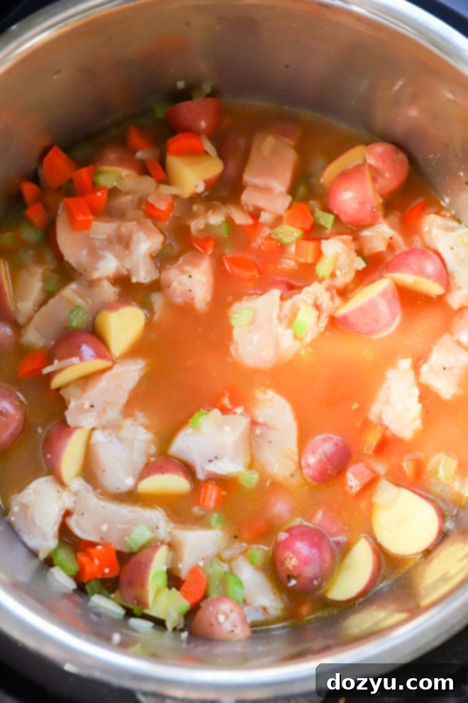 Hearty Instant Pot Chicken Stew 4 Making Instant Pot Chicken Stew with ingredients layered before cooking