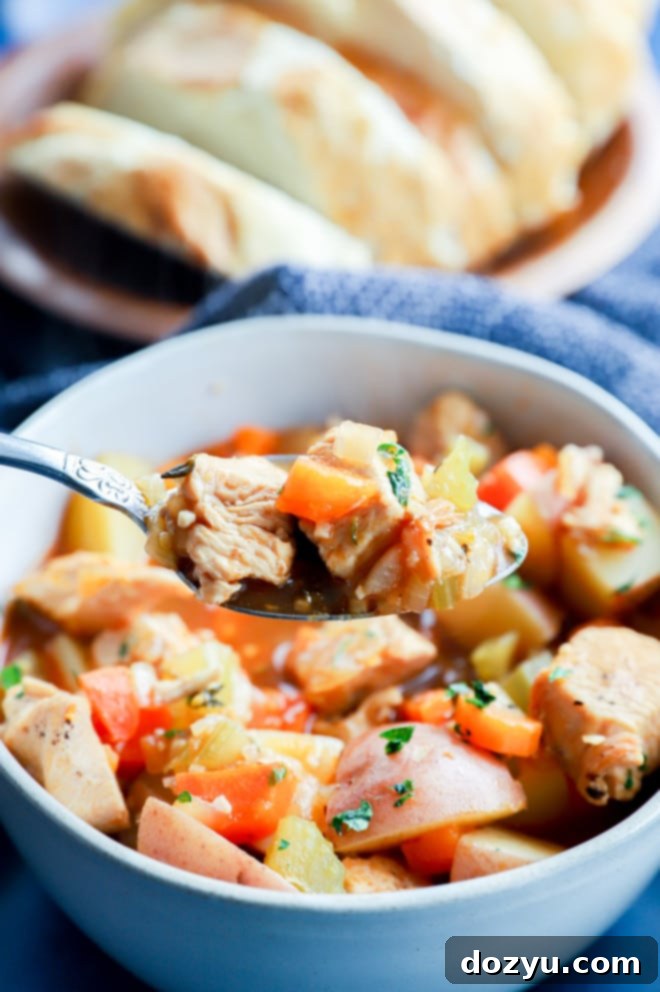 Hearty Instant Pot Chicken Stew 6 Spoonful of Instant Pot chicken stew with vegetables and chicken