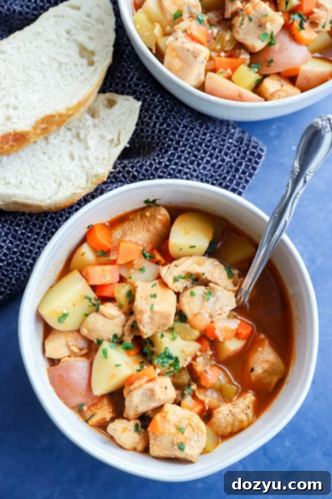 Hearty Instant Pot Chicken Stew 8 bowl of hearty vegetable and chicken stew made in the pressure cooker with a spoon