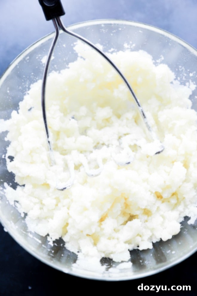 A bowl filled with freshly mashed potatoes, ready to be mixed with other ingredients for potato cheese balls.