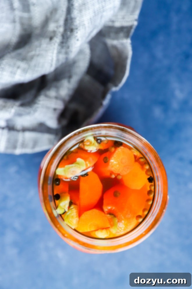Zesty Quick-Pickled Carrots 8 Close-up image of vibrant pickled vegetables immersed in brining liquid within a glass mason jar.