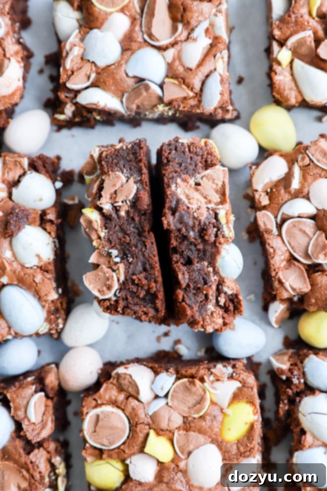 Hoppy Easter Brownies 3 Easter brownies cut in half with mini chocolate eggs