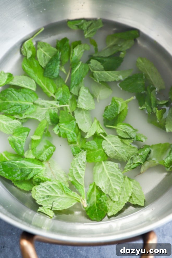 making mint simple syrup in a saucepan