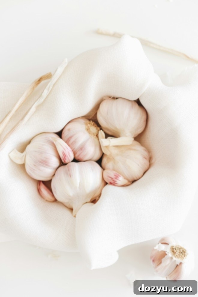 whole garlic heads in a linen bag