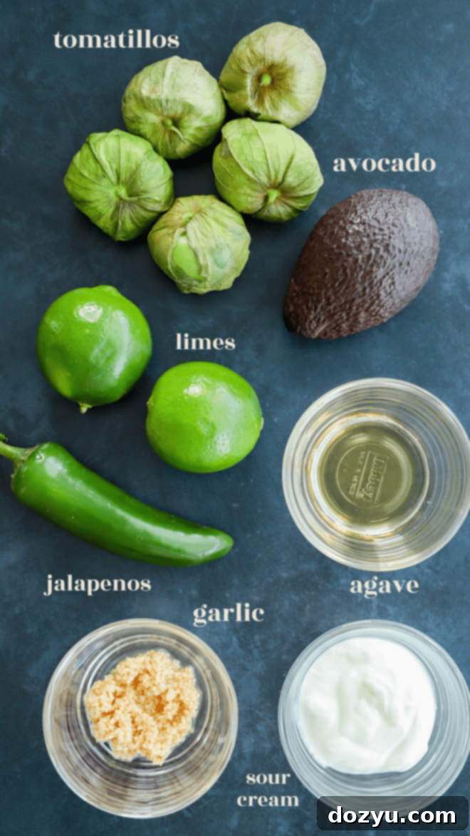 Image showcasing the ingredients for the creamy avocado tomatillo sauce with text labels